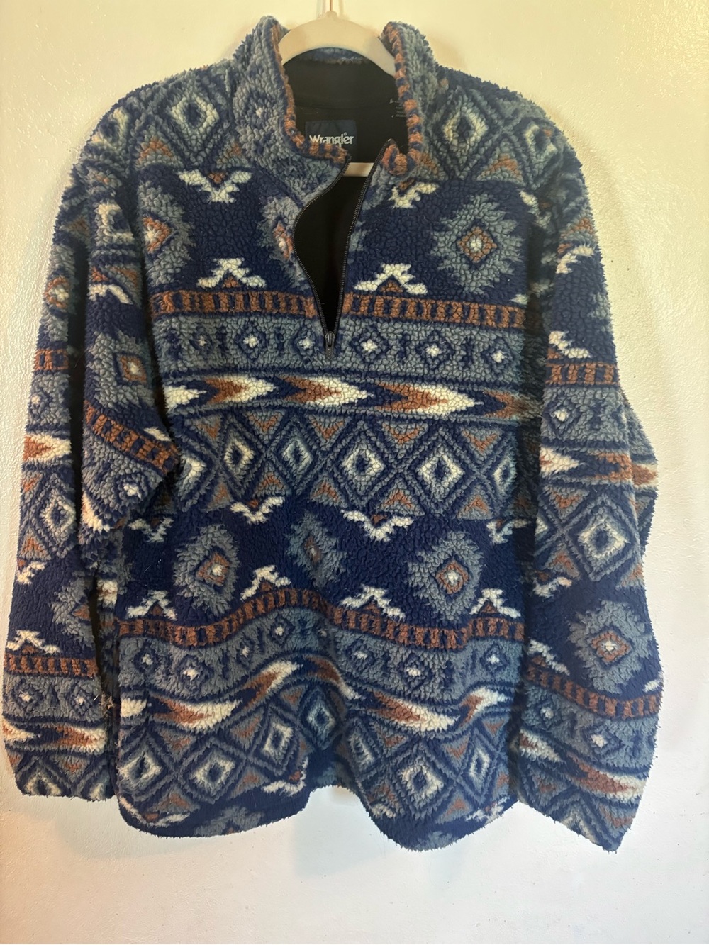 Wrangler Navy Blue Aztec Sherpa Fleece Pullover with Brown and Cream Accents